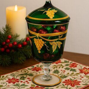 Vintage Emerald Green Glass Compote with Lid – Gold Trim & Grapevine Design